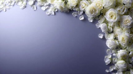 Fototapeta na wymiar Beautiful white roses arranged elegantly with scattered petals on soft gray background create serene and romantic atmosphere, perfect for celebrations or special occasions