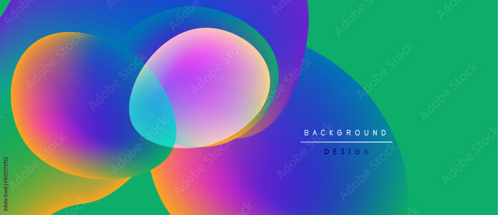 Poster vibrant abstract circles overlap, creating colorful gradients. green dominates right side, text read