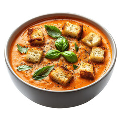 Creamy tomato soup with toasted croutons and fresh basil served in a white bowl against a a delicious and comforting meal (152) on transparent background