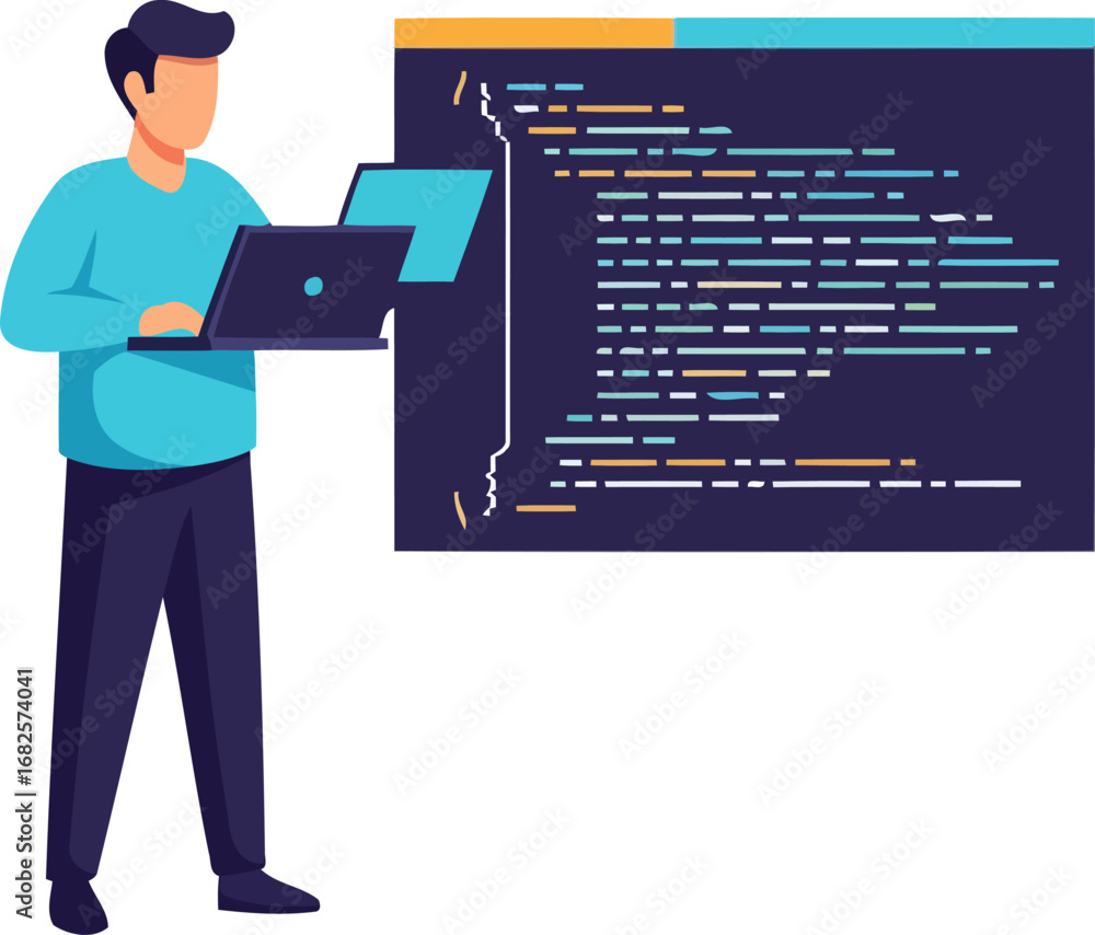 Wall mural software developer crafting digital solutions, lines of code, and future innovation, isolated on tra