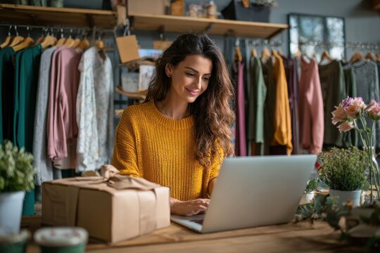 Ecommerce Launch. Businesswoman opens clothing shop for her small e-business