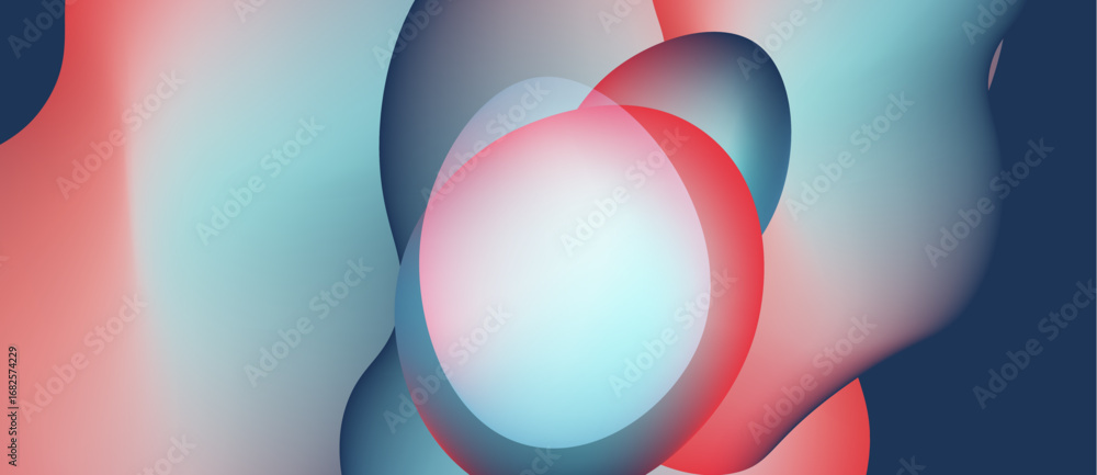 Poster abstract fluid shapes blend, creating soft color gradients. red, blue, cyan hues dominate compositio