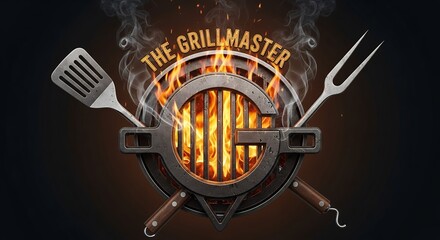 Metal Grillmaster Emblem with Flaming Barbecue Fork and Spatula on Black Background