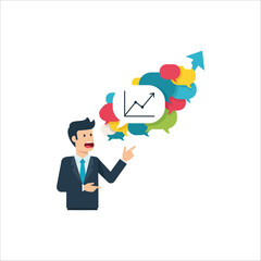 Businessman presenting upward trending graph, surrounded by colorful speech bubbles, signifying successful communication and growth.