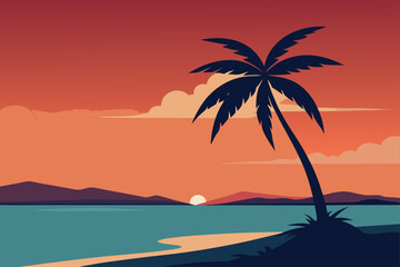 Obraz premium Stylized tropical beach sunset with palm tree silhouette and calm ocean waters
