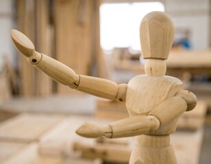 Wooden articulated figure in workshop
