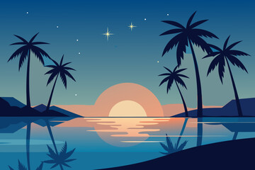 Naklejka premium Serene tropical beach at dusk with silhouetted palm trees and a vibrant sunset reflected on the calm ocean water