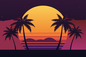 Obraz premium Vibrant retro sunset with silhouetted palm trees and layered horizon