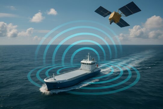 Autonomous navigation system guiding cargo ship with satellite communication, ensuring safe and efficient maritime operations