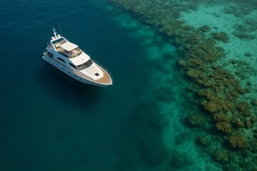 Aerial view of a white modern yacht sailing near a coral reef in crystal clear turquoise water