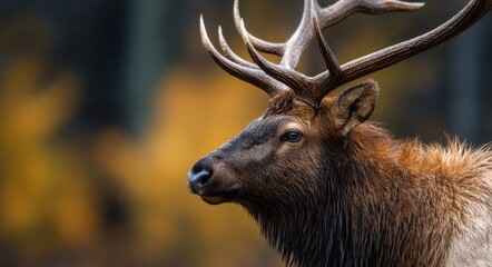 Obraz premium Elk In Velvet. Majestic Bull Elk with Grooved Antlers in Autumn Profile