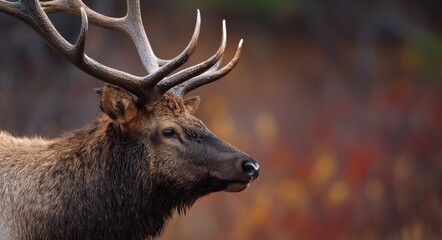 Obraz premium Elk In Velvet. Majestic Bull Elk with Grooved Antlers in Autumn Profile