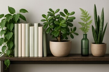Potted plants and hardback books create a cozy and relaxing atmosphere on a simple wooden shelf against a neutral wall