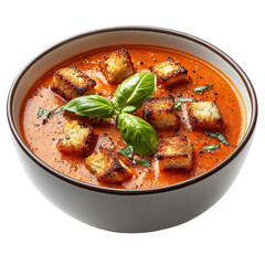 Bowl of creamy tomato soup garnished with fresh basil leaves and crispy croutons a comforting and delicious meal perfect for lunch or dinner on transparent background