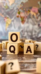 Wooden blocks spell Q&A, global map background