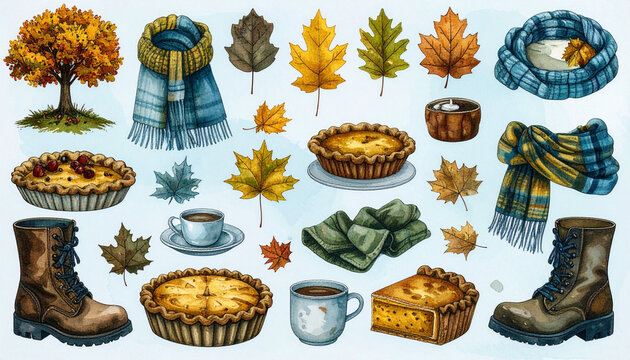 Minimalist line icon set, autumn theme, outline style, maple leaf, tree, pie, scarf