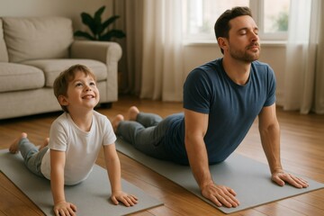 Father and son are lying on yoga mats practicing upward facing dog pose in their living room, enjoying a healthy lifestyle together