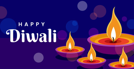 Happy Diwali Poster with Diya Lamp Vector Illustration. Indian festival of lights Design. Suitable for Greeting Card, Banner, Flyer, Template.