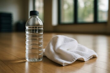 Refreshing hydration and comfort await after an invigorating workout, symbolized by a water bottle and towel on the gym floor