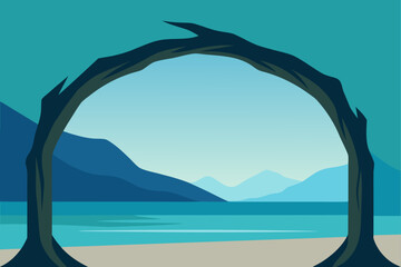 Fototapeta premium View of a serene coastal landscape through a natural archway framing distant mountains and calm water