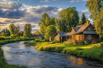 Fototapeta premium Cottages by river in bright summer light 
