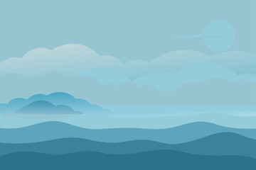 Serene minimalist landscape with layered blue ocean waves and soft clouds under a pale sun