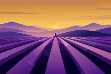 Naklejka premium Stylized flat illustration of a vibrant purple lavender field stretching towards rolling hills and a warm orange sunset sky