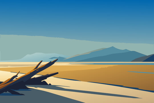 Stylized landscape featuring driftwood in the foreground with a serene lake and layered mountains under a clear blue sky