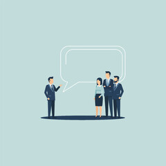 Leader communicates strategic advice and an announcement at a business meeting, promoting teamwork, discussion, and collaboration for planning