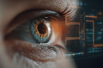 Human eye scanned with holographic biometric technology and digital interface.