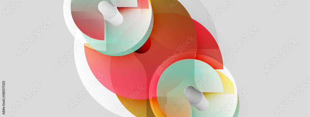 Poster abstract shapes overlap, creating vibrant color blends. soft gradients suggest depth, modern design 