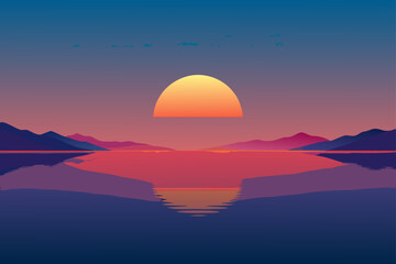 Vibrant sunset over a serene lake with distant mountains and colorful reflections