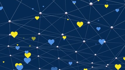Animation of yellow and blue hearts floating with network of connections on blue background - Powered by Adobe