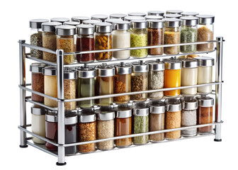 Rack of spices with many glass jars filled with various seasonings isolated on transparent background