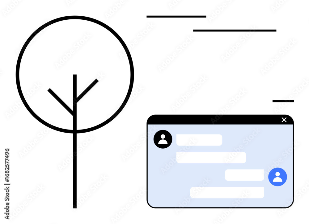 Poster tree outline and messaging window against abstract straight lines. ideal for technology, environment