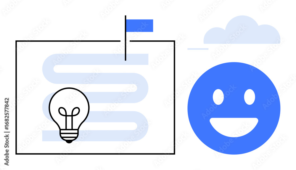Aufkleber lightbulb and roadmap with a milestone flag representing innovation, accompanied by a smiling face a