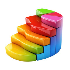 Colorful 3d pie chart diagram with segments representing data analysis and market share for business presentations and infographics on transparent background