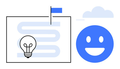 Lightbulb and roadmap with a milestone flag representing innovation, accompanied by a smiling face and cloud design. Ideal for strategy, creativity, motivation, success, optimism, productivity