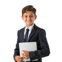 Smiling boy in suit holding laptop