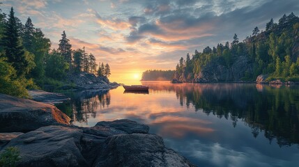 Fototapeta premium Sunset over calm river with pine trees 