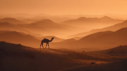 Camel silhouette walking across desert dunes at golden sunset.