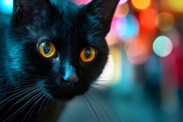 Close-up of black cat with glowing yellow eyes against city night bokeh.
