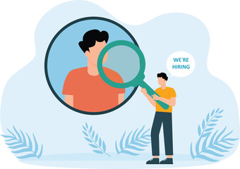 open vacancies and companies and business corporations looking for employees for jobs, flat color icons, creative illustrations, employers are considering resumes concept
