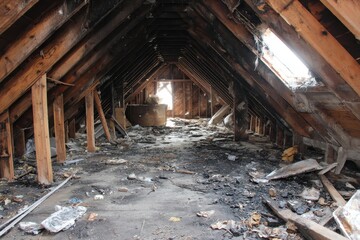 Fototapeta premium Fire Clean Up in Attic: Hazardous Chemical Cleanup in Abandoned House Structure