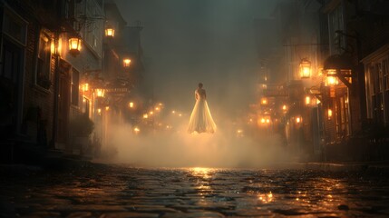 Ethereal Figure in White Dress Floating Above Foggy Cobblestone Street