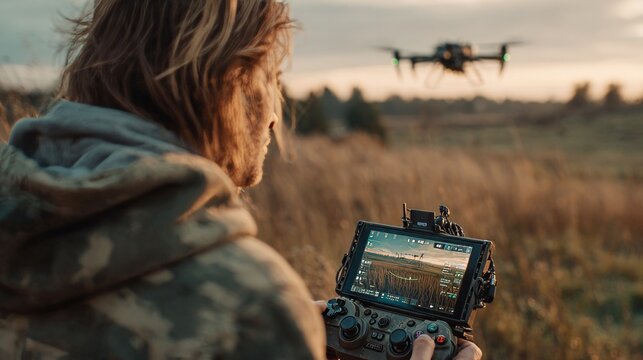 Videographer piloting drone using remote controller in field at sunset