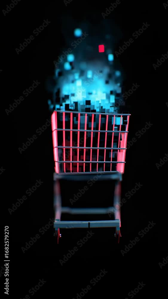 Aufkleber digital shopping cart fills with glowing data blocks in virtual market scene