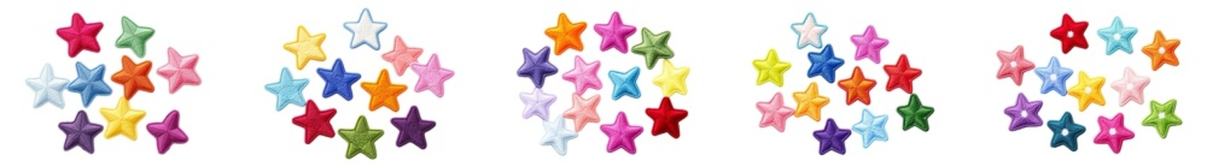 Colorful padded star shapes are seen in a group arrangement on transparent background