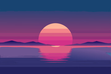 Stylized sunset over a calm lake with distant mountains and vibrant pink and purple hues reflecting on the water