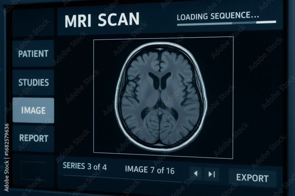 Poster modern medical technology showing an mri brain scan loading on a monitor, representing advancements 